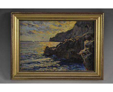 R Gina
Sunset Off a Rocky Coast
signed, oil on panel, 11cm x 17cm