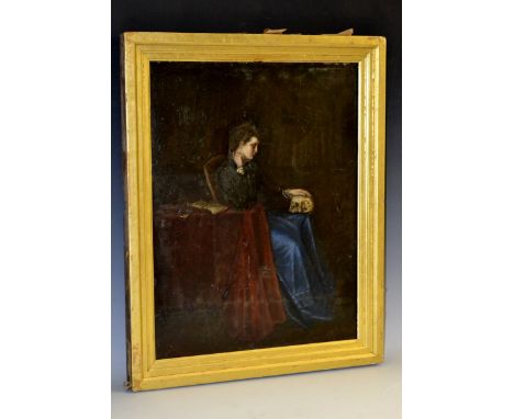 Flemish School (19th century)
Momento Mori, A Young Lady Contemplating a Skull
oil on mahogany panel, 42cm x 32cm

Paper labe