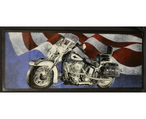 R. Tist (American, Contemporary)
Harley Davidson Before the Stars and Stripes
signed, mixed media on glass, 49.5cm x 119cm  