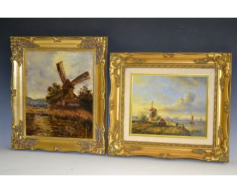 Dutch School (20th century)
Windmill, Beside the Estuary
oil on panel, 19.5cm x 24cm; another (2)