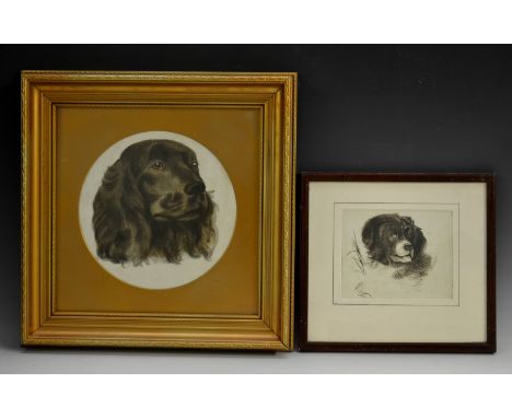 E G A Casey
Portrait of a Newfoundland,
signed, pen and ink with watercolour wash, 16cm x 13cm; another; portrait of a Spanie