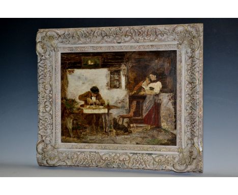 Continental School, Supper Time, on panel, 27cm x 36cm