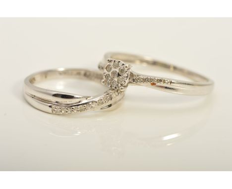 TWO 9CT WHITE GOLD DIAMOND RINGS, the first designed as an illusion set cluster of brilliant cut diamonds with single cut dia