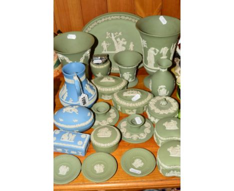 A GROUP OF WEDGWOOD GREEN AND LIGHT BLUE JASPERWARES, to include table lighter, vases, trinkets, jug etc (20)