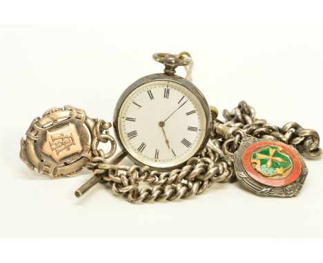 A SILVER POCKET WATCH AND ALBERT CHAIN WITH MEDALLIONS, the open face pocket watch with white dial, Roman numerals and engine