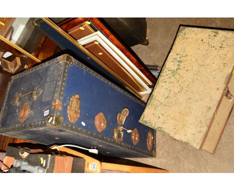 A VINTAGE TRAVELLING TRUNK, together with a vintage painted and metal tool chest (2)
