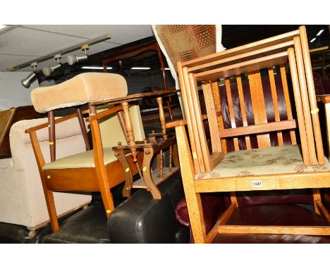 AN OAK ARTS AND CRAFTS STYLE CARVER CHAIR together with a commode, nest of three tables, magazine rack, two mirrors, stool an