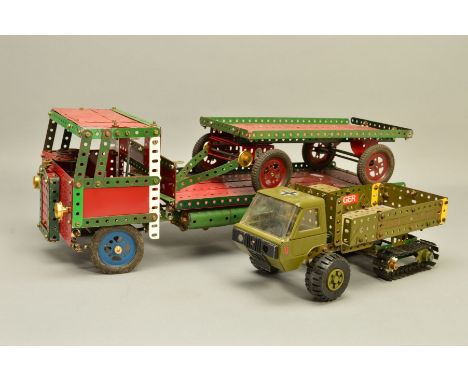 A CLOCKWORK MECCANO HOME BUILT MODEL OF A FLAT BED LORRY AND TRAILER, not tested, no key, appears complete but in need of som