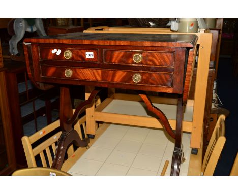 A REPRODUCTION MAHOGANY SOFA TABLE with three drawers, matching twin pedestal table (next to 1396), sideboard with three draw