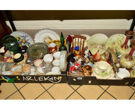 TWO BOXES AND LOOSE CERAMICS, SUNDRIES ETC, to include silver backed brushes, a pair of Doulton Slater vases (sd), Doulton Bu