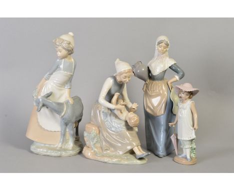 FOUR NAO FIGURES/GROUPS, 'Playful Tot, (Mother and Son), height 25cm, 'Girl with Goat', height 30cm, girl holding urn and hat