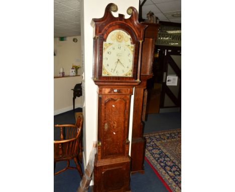 A GEORGE III OAK, MAHOGANY BANDED AND INLAID LONGCASE CLOCK, broken swan neck pediment with columns, arched door enclosing pa