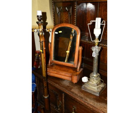 A VICTORIAN SILVER PLATED COLUMN TABLE LAMP, together with a Victorian walnut swing mirror and an Oriental laquered standard 