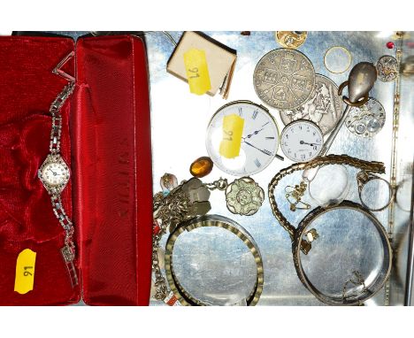 A SELECTION OF JEWELLERY, to include a late Victorian hinged bangle with engraved floral detail, a Smiths marcasite watch, a 
