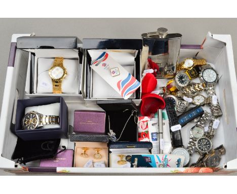 A BOX OF MAINLY WATCHES AND CUFFLINKS, to include mainly gentleman's wrist watches, a hip flask, boxed cufflinks, a Parker pe