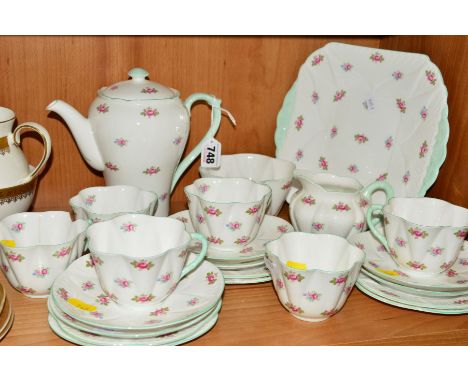 SHELLEY 'ROSEBUD' TEASET, No13426, to include teapot (chip to spout), cake plate, milk jug, sugar bowl, six cups (two hairlin