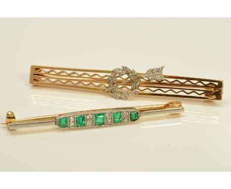TWO EARLY TO MID 20TH CENTURY GEM SET BROOCHES, the first designed as a row of slightly graduated rectangular green gems, ass