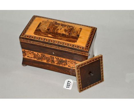 A TUNBRIDGE WARE TEA CADDY, with building and floral inlaid decoration, waisted body and bun feet, width 21cm x depth 12cm x 