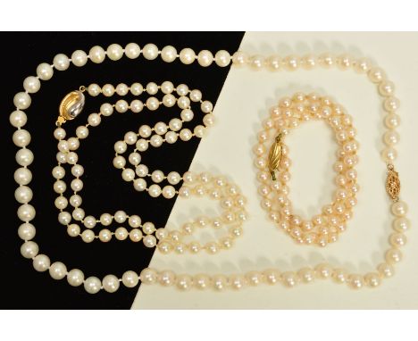 THREE SINGLE ROW, CULTURED PEARL NECKLACES, two uniform and one slightly graduated, two clasps stamped 375 and one clasp stam