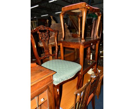 AN EDWARDIAN MAHOGANY FOLIATE DECORATED CHAIR, four other Edwardian chairs, a mahogany armchair, an oak footstool and a mahog