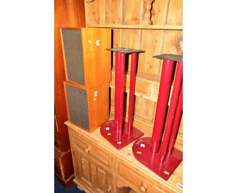 A PAIR OF WHARFDALE DENTON 2K TEAK CASED SPEAKERS on later Atacama speaker stands (4)