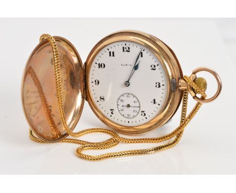 A FULL HUNTER ELGIN GOLD PLATED POCKET WATCH AND LATER CHAIN, the white face with Arabic numerals, subsidiary seconds dial, e