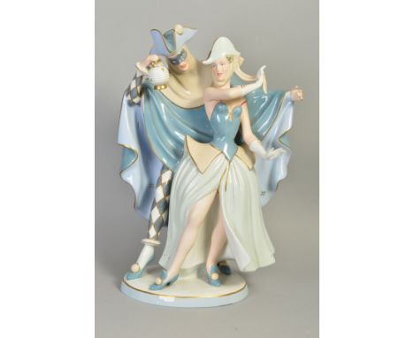 A LARGE ROYAL DUX LIGHT BLUE FIGURE GROUP, depicting a masked couple dressed for a masquerade/carnival, pink triangular mark 