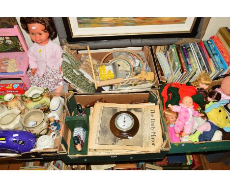 FIVE BOXES AND LOOSE SUNDRY ITEMS, to include books, tapestry items, ceramics, child's dolls and soft toys, barometer, newspa