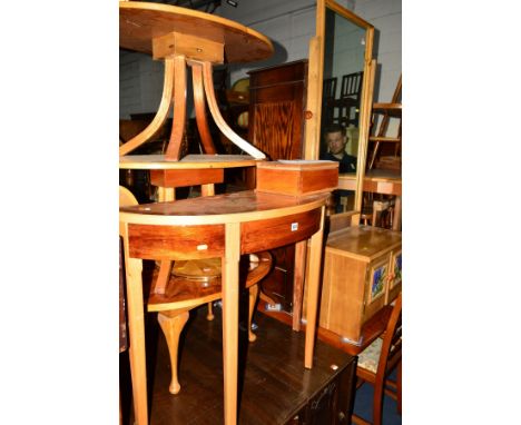 TWO SIMILAR BESPOKE HALF MOON TABLES, with parquetry multi specimen wood inlay top, together with ten similar occasional furn