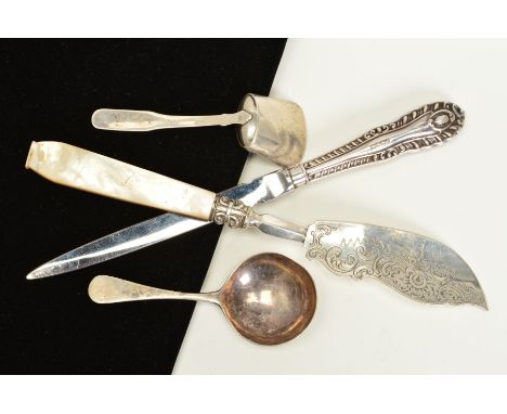 FOUR ITEMS OF FLATWARE, to include a mother of pearl handled, silver plated serving butter knife with engraved scrolling deco