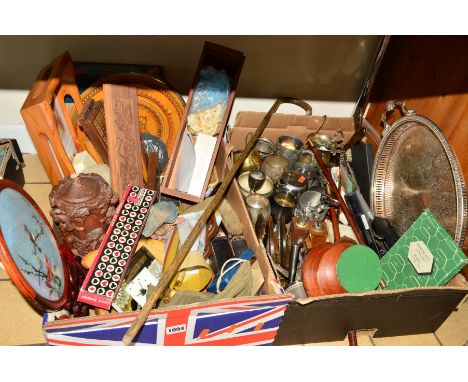TWO BOXES OF SUNDRY ITEMS, to include a bag of marbles, Chinese style silk face screen, cribbage boards, plated items etc