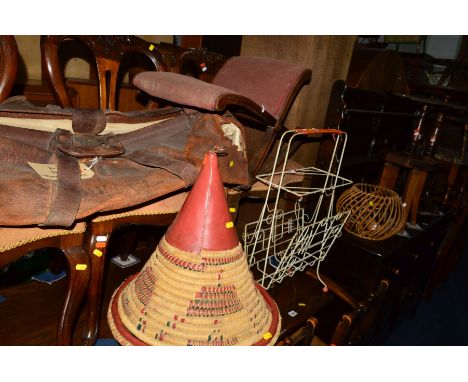 TWO DISTRESSED TRIPOD TABLES, a Victorian bamboo occasional table, an Edwardian gout stool, three tier stand, a large distres