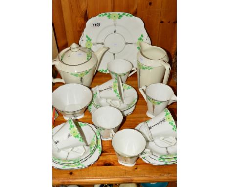 STANDARD CHINA DECO SHAPED TEAWARES, to include six cups, six saucers, six side plates, cake plate, milk jug and sugar bowl, 