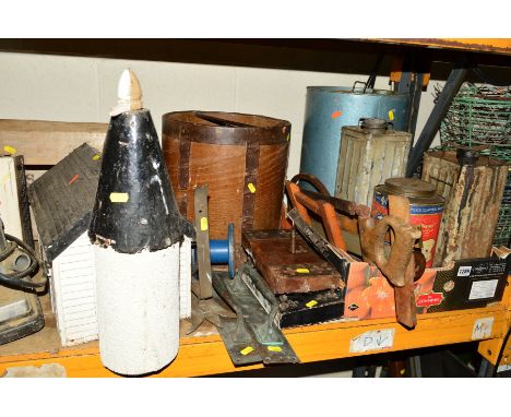 A COLLECTION OF METALWARE AND MISCELLANEOUS to include four various cans, wooden butter churn, hand tools, model wooden white