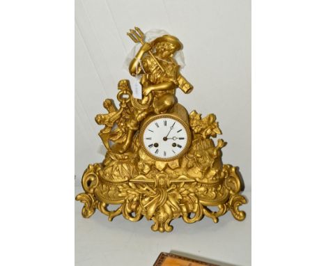 A VICTORIAN GILT METAL FIGURAL MANTEL CLOCK, enamel dial, 8 day movement, bell strike, height 42cm, with pendulum and key, s.