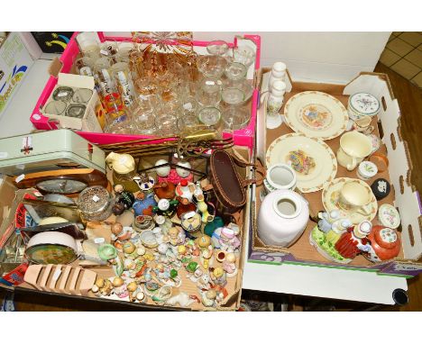 A BOX OF DRINKING GLASSES, a box of Royal Doulton Bunnykins plates, etc, Brian Wood vase, small figural ornaments, Smiths Nod