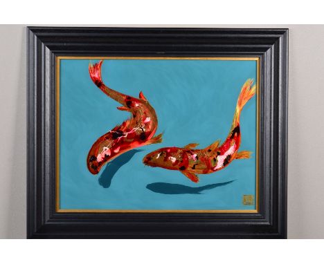 TIM DOLBY (BRITISH 1954) 'GOLDEN PROMISE', a pair of koi carp in a pond, signed bottom right, enamel on glass, reverse painte