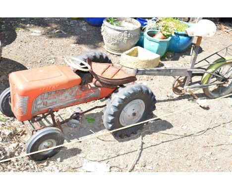 A 1960's VINTAGE TRIANG CHILDREN'S RIDE ON TRACTOR together with a trailing bike attachment (2) (sd)
