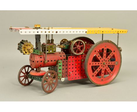 A CLOCKWORK MECCANO HOME BUILT MODEL OF A SHOWMANS TRACTION ENGINE, not tested, no key, appears complete but in need of some 