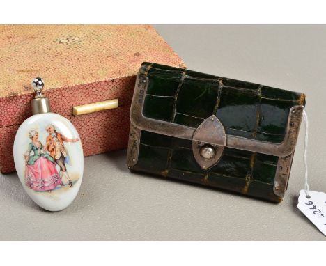 A PINK SHAGREEN COVERED CIGARETTE BOX, a late Victorian silver mounted crocodile skin purse, Birmingham 1896 and an ovoid por