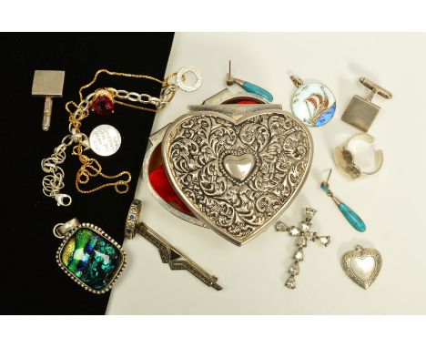 A SELECTION OF MAINLY SILVER AND WHITE METAL JEWELLERY, to include an elongated marcasite brooch, a Norwegian enamel pendant 