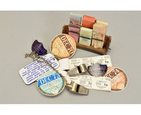 A BOX OF MISCELLANEOUS ITEMS, to include two Alexander &amp; Sons Ltd, blue enamel conductor badges and an enamel duty pass, 