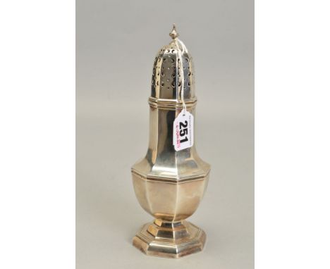 A 1930'S LARGE SILVER CASTOR, the octagonal body with pierced top detail and finial, with silver hallmark for Birmingham 1930