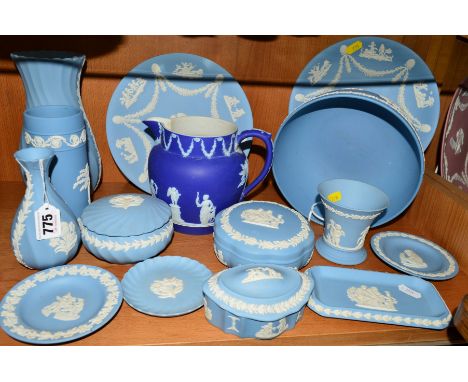 A GROUP OF WEDGWOOD JASPERWARES, to include light blue bowl, vases, trinkets etc and dark blue jug (15)