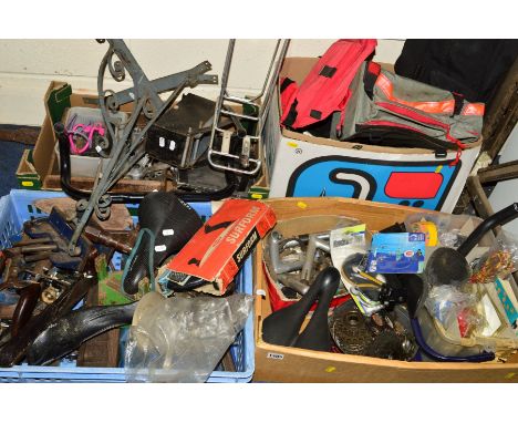 FOUR TRAYS OF MISCELLANEOUS to include bicycle parts, hand tools and bags (4)