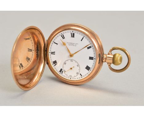 A GOLD PLATED POCKET WATCH, white enamel dial signed Russells Ltd Liverpool Swiss made, Roman numerals, seconds sweep subsidi