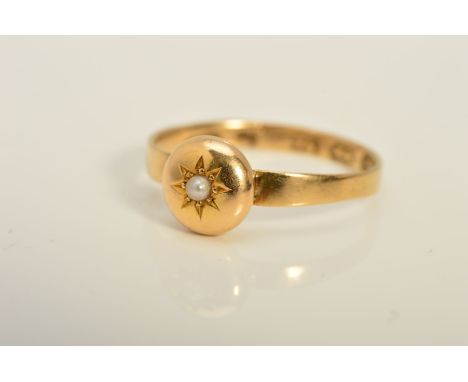 A MID VICTORIAN 9CT GOLD SEED PEARL RING, designed as a domed circular central panel, star set with a seed pearl, hallmark fo