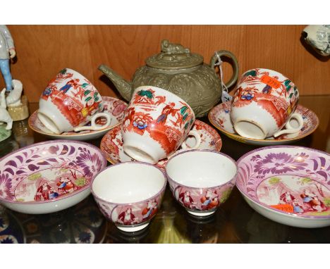 A VICTORIAN WEDGWOOD STONEWARE TEAPOT AND COVER WITH DOG FINIAL, a pair of Sunderland lustre tea bowls and saucers printed wi