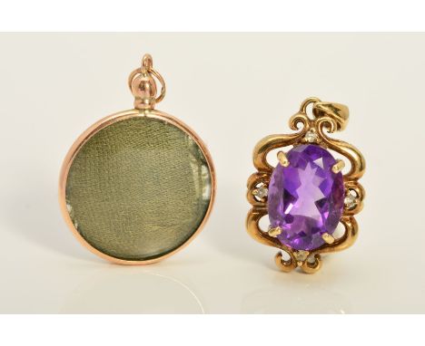 TWO 9CT GOLD PENDANTS, the first designed as an oval amethyst within an openwork scrolling surround, with four claw set cubic