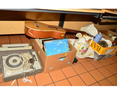 FIVE BOXES AND LOOSE CERAMICS, RECORDS, LINEN ETC, to include a Portadyne record player, Clasico guitar, jug and bowl, hats, 